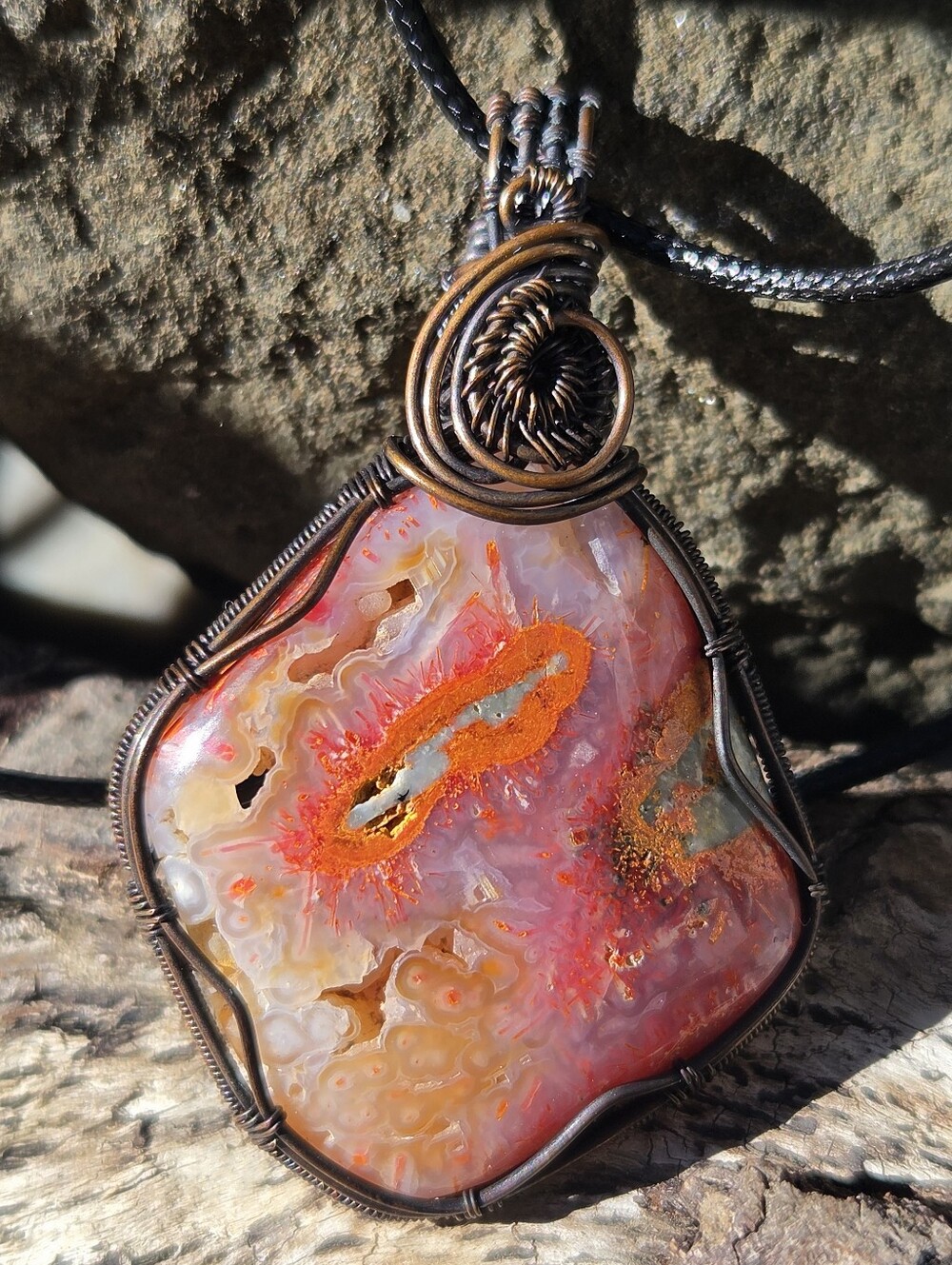 Volcanic Tube Agate Copper Wire Wrap Pendant Necklace